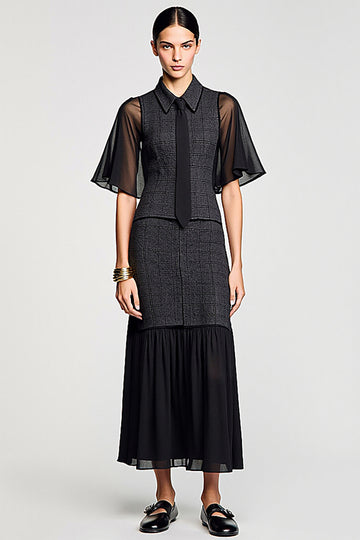 Black Polo Collar A Line Wedding Guest Dress with Tie
